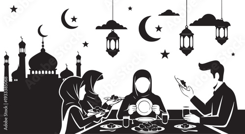 ramadan family dinner islamic vector illustration