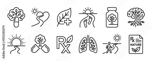 Set of natural medicine line icons representing holistic health, wellness, and alternative therapy, with symbols for herbal remedies, prescription, and nature, isolated on white