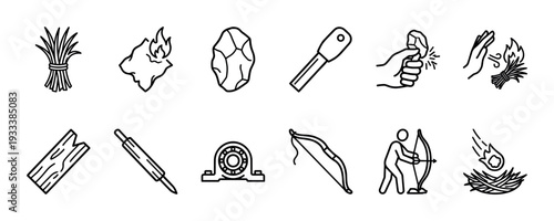 Primitive fire starting and survival line icons collection showing bow drill, flint, tinder, and ferro rod methods, a simple black and white outline vector illustration set isolated on white