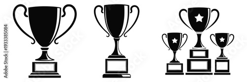 Trophy, award cup icon set in black silhouette, representing winner prizes, success and achievement concepts, championship and victory symbols, clean modern flat vector design