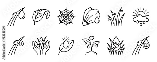 Set of twelve black line art icons showing nature, water, morning dew, and spiritual symbols like a cross, dove, and book, isolated on a white background