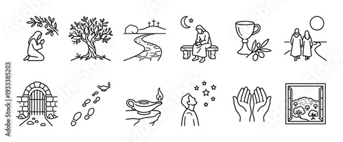 Set of religious Christian biblical line icons depicting faith symbols and scenes like prayer, the cross, communion, and an empty tomb, a minimalist vector pictogram collection isolated on white