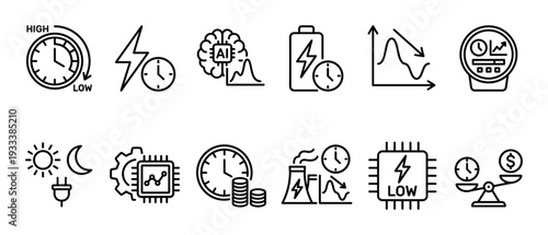 Energy management and smart grid line icons representing time-of-use pricing, peak demand, consumption, and cost savings, isolated on a white background