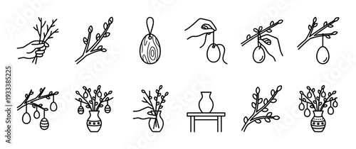 Set of Easter pussy willow icons in a minimalist black line art style showing hands decorating branches with eggs, vases with bouquets, and festive spring symbols, isolated on white