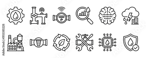 Water management and smart utility line icons set representing technology, supply, infrastructure, analysis, and conservation concepts isolated on a white background