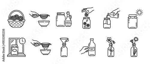 Black and white outline icon set showing a DIY recipe for making homemade flower-infused vinegar, illustrating steps like foraging, infusing, straining, and bottling, isolated on white