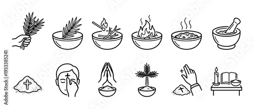 Set of religious icons illustrating the process of making ashes from palm branches for Ash Wednesday, a Christian tradition for the beginning of Lent, drawn in a simple line art style
