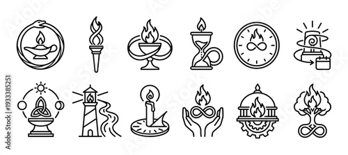 Set of eternity and infinity symbols as black line icons representing perpetual motion, eternal flame, and endless life concepts, isolated on a white background