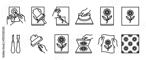 Linocut block printing process icon set showing the steps of carving, inking, pressing, and creating a floral pattern, presented as a minimal black and white line art illustration