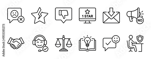 Set of black line icons representing customer service, feedback, and legal concepts, with positive and negative symbols like dislike, handshake, and scales of justice, isolated on white