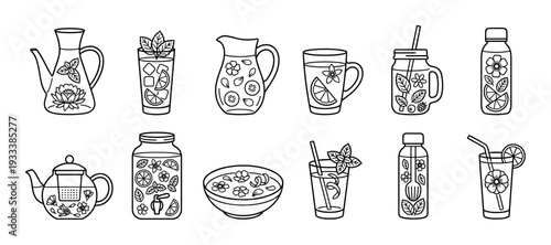 Set of black line art icons depicting refreshing drinks like herbal tea, infused water, and lemonade in various glassware like pitchers, mugs, and jars, isolated on white background