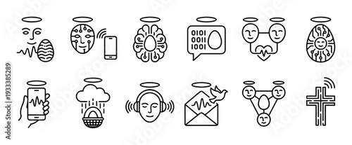 Black line art icons set illustrating the fusion of religion, spirituality, and modern technology with symbols like halos, crosses, and smartphones, isolated on a white background