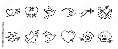 Set of black line art travel icons featuring airplanes forming hearts, flying with birds, and creating cloud art with smoke trails in a simple minimalist doodle style isolated on white