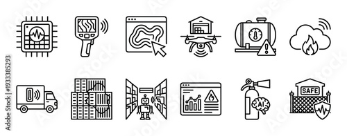 Set of black line icons representing industrial safety, logistics, and technology concepts like drone inspection, AI fire prevention, thermal imaging, and warehouse automation, isolated on white