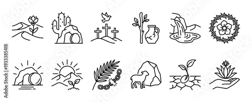 Set of Christian religious line icons depicting biblical symbols like the cross, empty tomb, crown of thorns, lamb, and dove, in a minimalist outline style isolated on white
