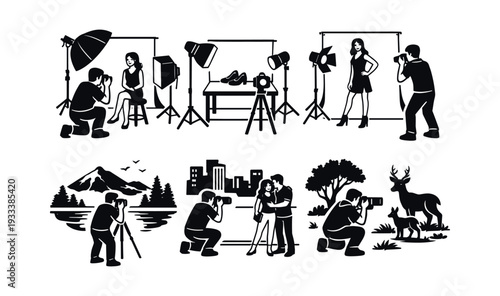 Photographers illustrating various professional photography genres like portrait, commercial, nature, urban, event, and wildlife concepts