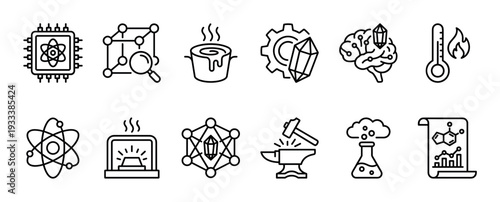 Collection of twelve black outline icons representing science, technology, and industry, with symbols for chemistry, physics, engineering, and research, isolated on a white background