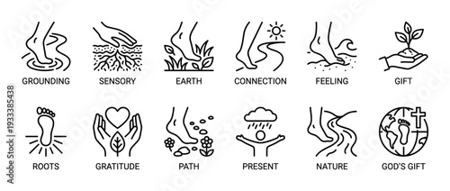 Set of grounding and mindfulness icons showing feet connecting with nature, water, and earth in a minimalist line art style for wellness and spirituality concepts, isolated on white