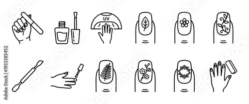 Manicure and nail art line icon set showing various beauty procedures and designs like polish, UV lamp, filing, and floral patterns, isolated on a white background