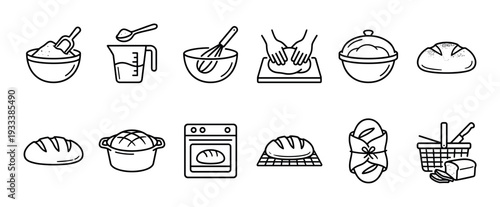 Set of black line icons illustrating the homemade bread baking process from mixing flour and kneading dough to baking in an oven, presented in a simple minimalist outline style