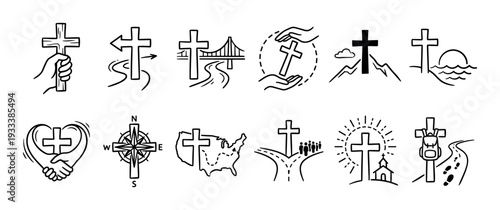 Collection of Christian cross icons in a hand-drawn line art style illustrating concepts of faith, mission, journey, and guidance with various symbols isolated on a white background