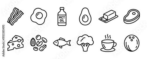 Keto diet food and drink outline icons collection showing bacon, egg, avocado, steak, fish, cheese, and nuts for a low-carb, high-fat nutrition plan, isolated on white