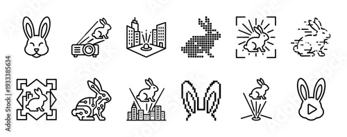 Set of rabbit technology and digital icons showing concepts like hologram, projection, cybernetics, and pixel art in a minimalist line style isolated on a white background
