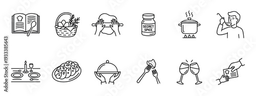 Set of black line art icons representing cooking and dining concepts like recipes, food preparation, tasting, serving, and restaurant service, isolated on a white background