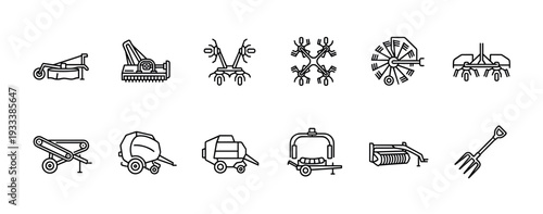 Set of agricultural machinery line art icons for haymaking and forage harvesting, including mower, rake, tedder, and baler, isolated on a white background