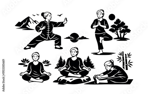 Women performing various wellness exercises like tai chi, yoga poses, and meditation in natural settings, symbolizing health and balance