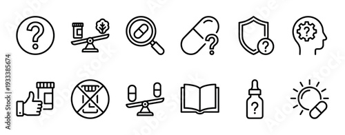 Set of black line icons illustrating medical questions and pharmaceutical choices, with minimalist symbols for pills, supplements, research, and safety, isolated on a white background