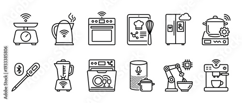 Set of smart kitchen appliance icons representing home automation and IoT technology, including a connected scale, kettle, oven, and refrigerator, in a minimalist line art style isolated on white