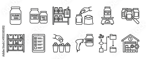 Set of black line art icons for warehouse management, inventory control, and logistics showing food storage, weighing, scanning, and sorting, isolated on a white background