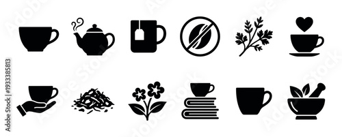 Set of black tea-related glyph icons showing a cup, teapot, mug, herbs, and a decaf symbol, representing hot beverages and herbal drinks, isolated on a white background