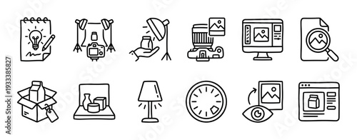 Hand-drawn product photography and e-commerce icons set in a minimalist doodle style, illustrating the workflow from creative idea to online store sale, isolated on white background