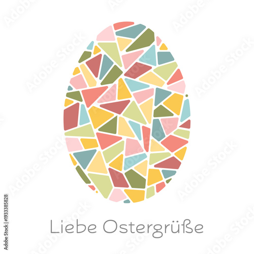Liebe Ostergrüße - Schriftzug in deutscher Sprache. Grußkarte mit einem bunten Osterei in Pastellfarben.