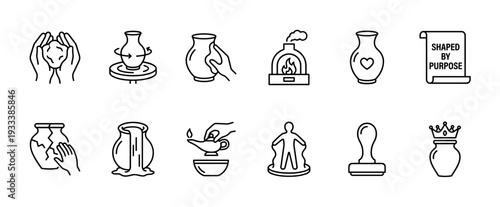 Pottery creation and purpose themed line icon set illustrating the process of shaping clay, firing in a kiln, and concepts like transformation and value, isolated on white