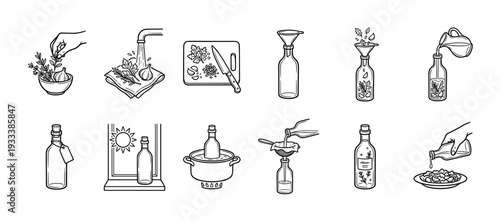 Set of hand-drawn instructional icons showing the step-by-step process of making homemade infused oil with herbs and garlic, isolated on a white background