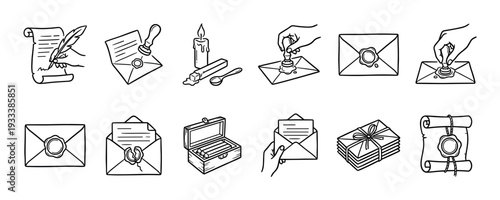 Set of hand-drawn vintage letter icons showing the process of writing with a quill and sealing envelopes with hot wax, a doodle-style collection of correspondence elements isolated on white