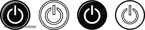 Vector set of power button icons in black and white styles including solid and outline circle designs for interface start stop and standby controls