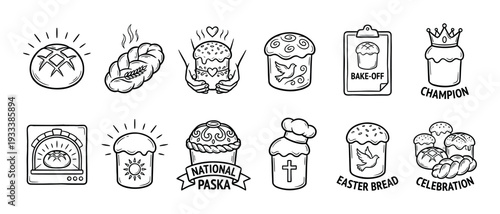 Set of hand-drawn Easter bread icons featuring Paska, Kulich, and baking symbols in a black and white doodle style, perfect for holiday designs, isolated on a white background