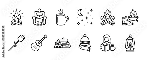 Set of black line art icons representing cozy winter and autumn activities like camping, reading, and sitting by a campfire, designed in a minimal style and isolated on a white background