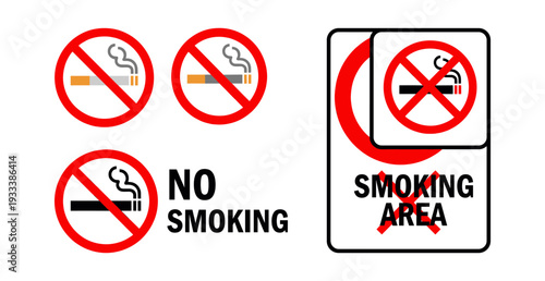 Set of vector no smoking signs and no smoking area icon, indicating restricted tobacco use