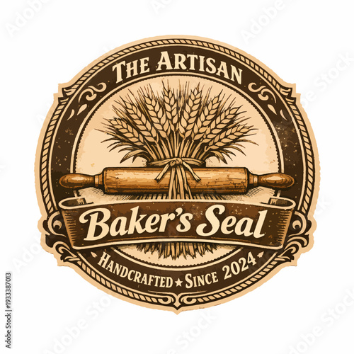 Elegant The Artisan Baker’s Seal logo showcasing rolling pins and golden wheat, representing craftsmanship, warmth, handmade quality, and the delicious tradition of classic baking