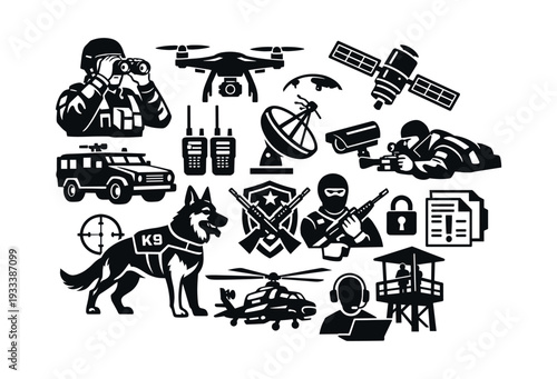 Security system icons featuring military personnel, vehicles, drones, communication devices, and surveillance equipment for defense applications