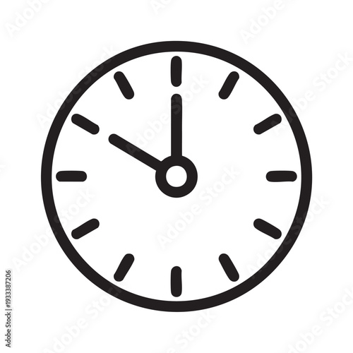 A simple black and white illustration of a clock face showing approximately 11 o'clock from a straightforward front view