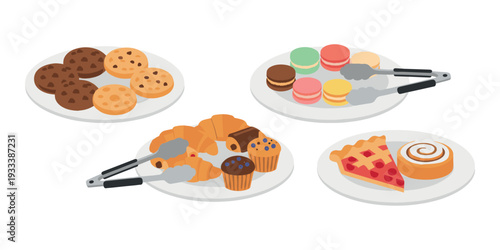 Assortment of baked goods and sweet treats served on white plates with tongs, representing dessert options