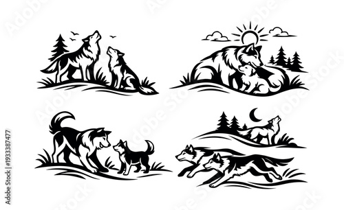 Set of refined wolf drawings portraying familial connections, howling, hunting, and nurturing in woodland and natural habitats