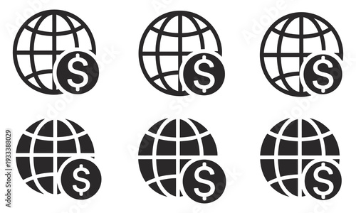 Global, finance and currency icon collection with globe and dollar symbols, solid and outline vector designs, international business, banking, and economic concept, clean modern flat illustration set