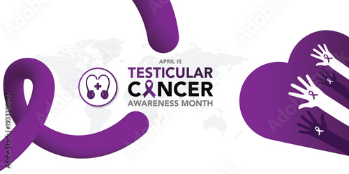 Testicular Cancer Awareness Month banner. Purple ribbon brush stroke circle frame typographic poster. Symbol of the fight against testicular cancer.